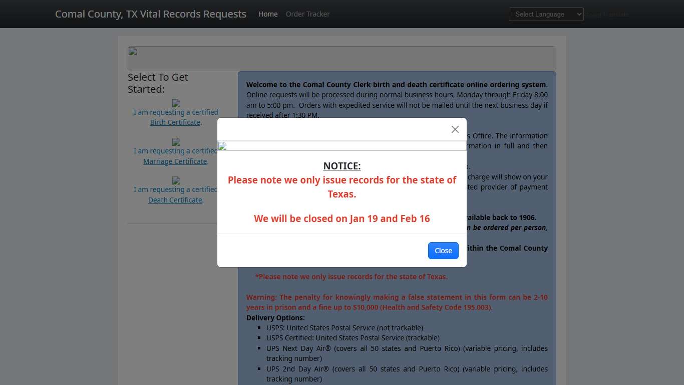 Comal County Clerk Online Birth/Death Certificate Requests